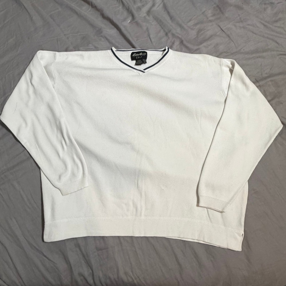 VTG Eddie Bauer Golf Mens Large Tall White V-Neck Cotton Knit Pullover Sweater